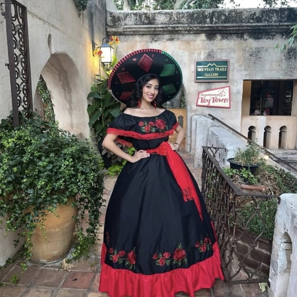 Chic Black and Red Floral Long Sleeve Dress